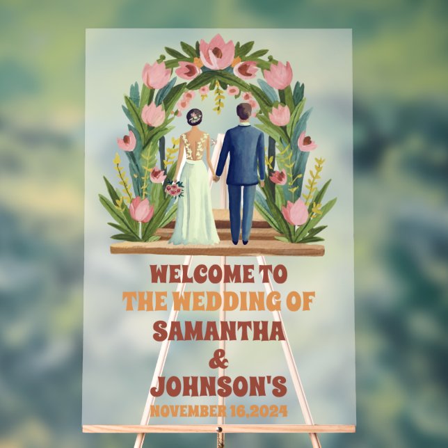 Elegant Floral Arch Wedding Welcome Frosted Acrylic Sign (Neutral)