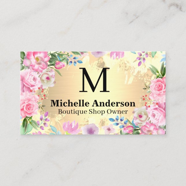 Elegant Floral Arrangement | Gold Metallic Business Card (Front)