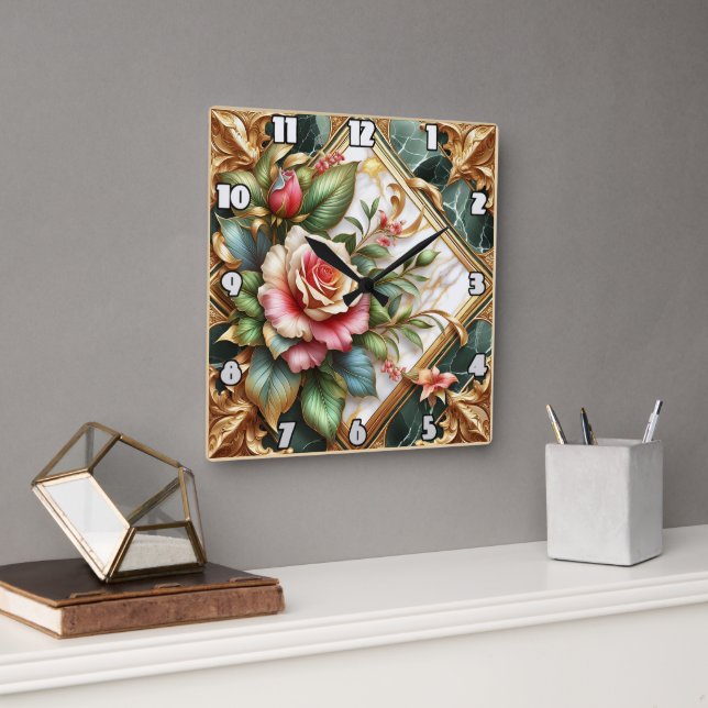 Elegant Floral Arrangement With Roses and Leaves Square Wall Clock (Office)