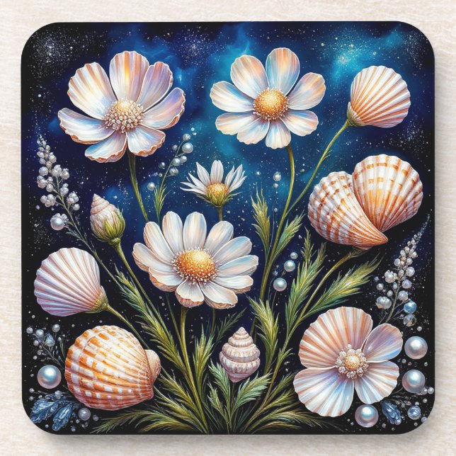 Elegant Floral Arrangement with Seashells Coaster (Front)