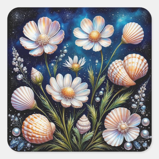 Elegant Floral Arrangement with Seashells Square Sticker (Front)