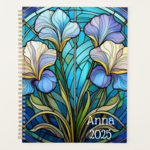 Elegant Floral Art Nouveau Iris Stained-Glass Blue Planner