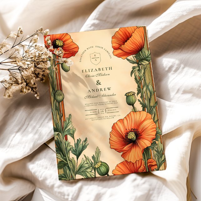 Elegant Floral Art Nouveau Poppy Wedding Invitation (Creator Uploaded)