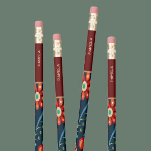 Elegant Floral Art Personalised Name Kids Girls  Pencil