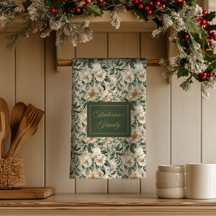 Elegant Floral Art Personalized Green Gold Towel