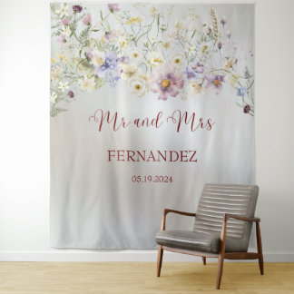 Elegant Floral Autumn Mr and Mrs Wedding Backdrop Tapestry