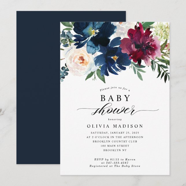 Elegant Floral Baby Shower Navy Blue Burgundy Invitation (Front/Back)