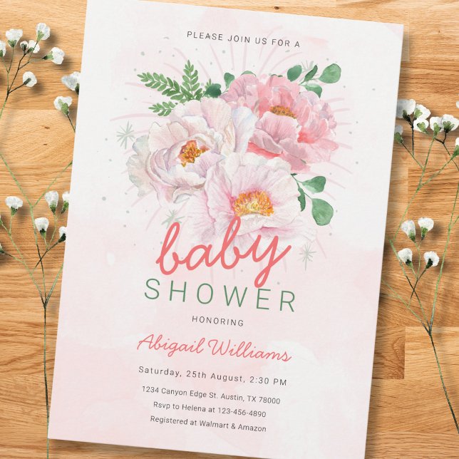 Elegant Floral Baby Shower with Pink Peonies Invitation (Creator Uploaded)