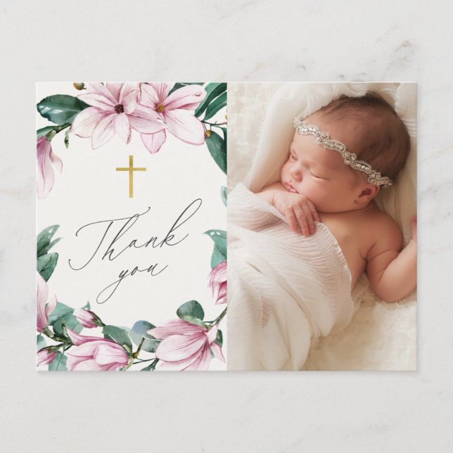 Elegant Floral Baptism 1-Photo Script Thank You Postcard (Front)