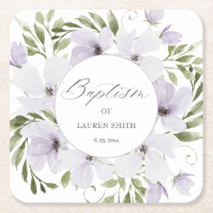 Elegant Floral Baptism Christening Script  Square Paper Coaster