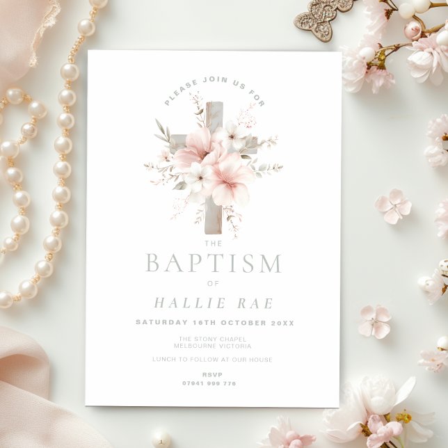 Elegant Floral Baptism for Girl, Editable Pink Invitation (Creator Uploaded)