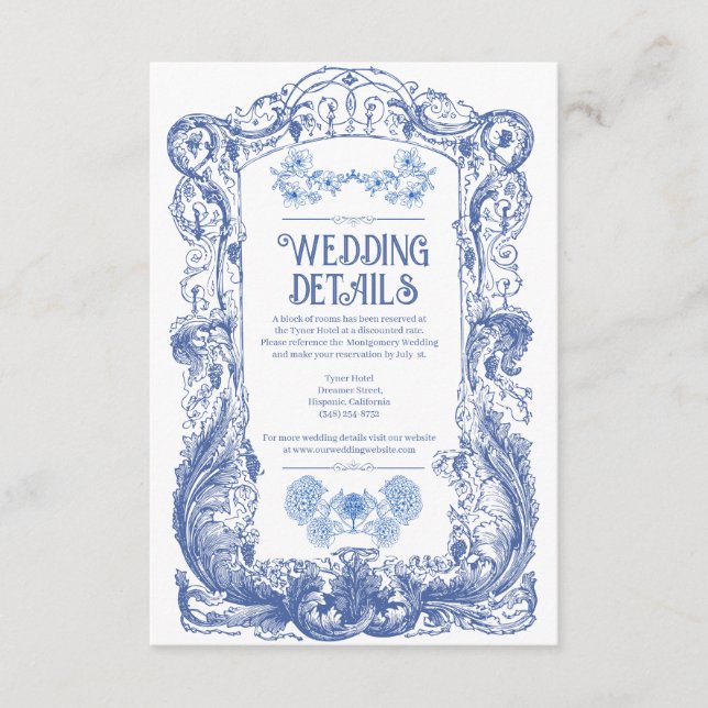 Elegant Floral Baroque Blue Column Wedding Enclosure Card (Front)