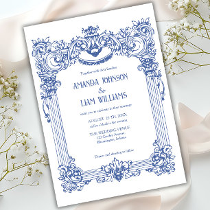 Elegant Floral Baroque Blue Column Wedding  Invitation