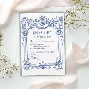 Elegant Floral Baroque Blue Column Wedding RSVP Card