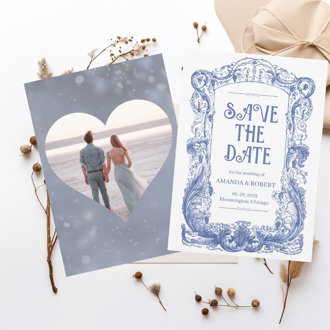 Elegant Floral Baroque Blue Column Wedding Save The Date (Creator Uploaded)