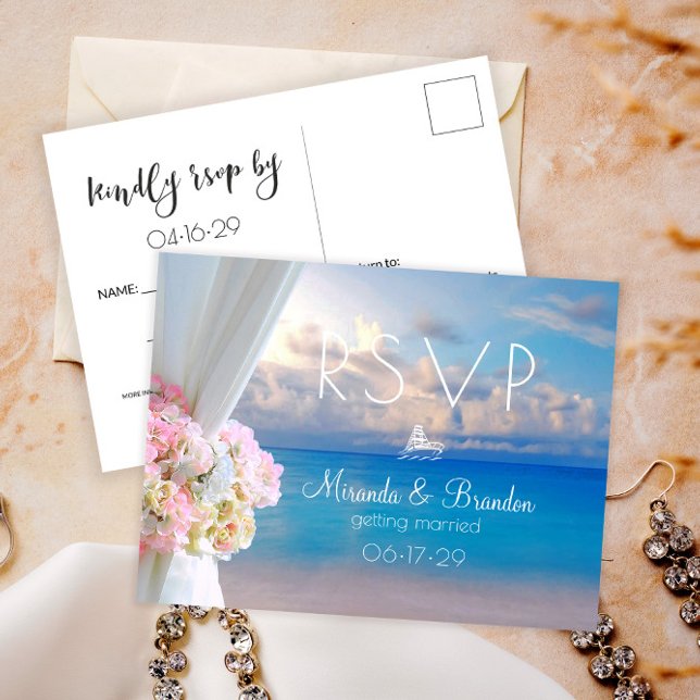 Elegant Floral Beach Summer Sunset Wedding RSVP Announcement Postcard (Creator Uploaded)