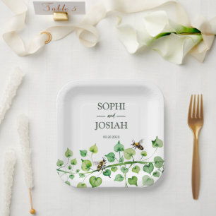 Elegant floral Bee love natural wedding Paper Plate