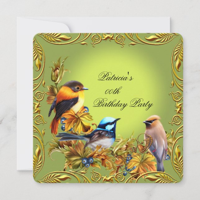 Elegant Floral Bird Green Gold Birthday Party Invitation (Front)