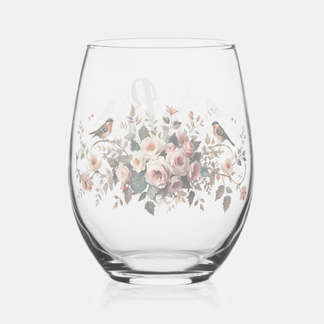 Elegant floral bird Monogram Script Name Bridal Sh Stemless Wine Glass (Back)
