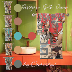 Elegant Floral, Birds Geometrics on Cherry Red Bath Towel Set