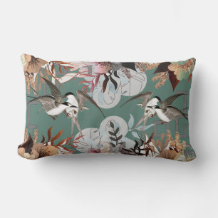 Elegant Floral, Birds Geometrics on Green/Teal Lumbar Cushion