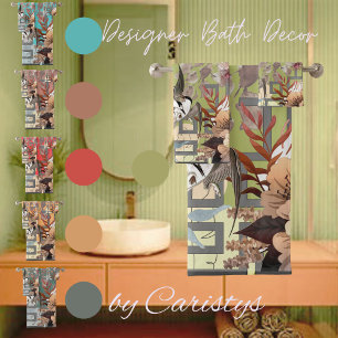 Elegant Floral, Birds Geometrics on Olive Green Bath Towel Set