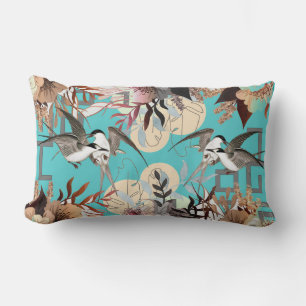 Elegant Floral, Birds Geometrics on Turquoise Lumbar Cushion