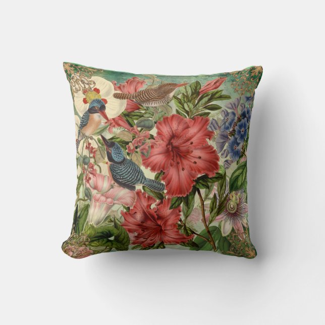 Elegant Floral, Birds, Ornate Trim Throw Pillow (Front)