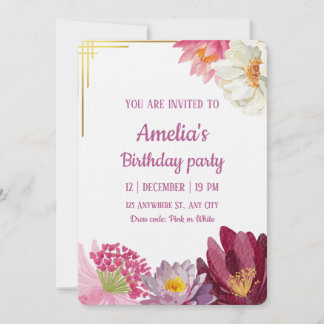 Elegant Floral Birthday Invitation with Gold Frame