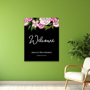 Elegant Floral Black 60th Birthday Welcome Poster