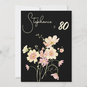 Elegant Floral Black  80th Birthday Rose Gold Foil Invitation