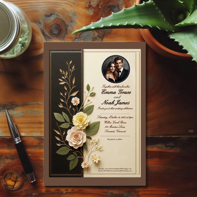 Elegant Floral Black and Cream Wedding Invitation (Creator Uploaded)