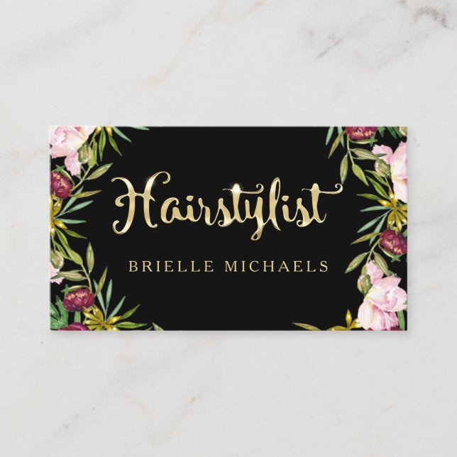 Elegant Floral Black and FAUX Gold Hairstylist Business Card (Front)
