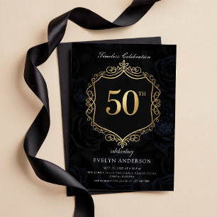 Elegant Floral Black and Gold 50th Birthday
