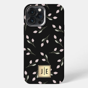 Elegant Floral Black and Gold Shiny Monogram iPhone 13 Pro Max Case
