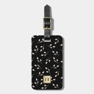 Elegant Floral Black and Gold Shiny Monogram Luggage Tag