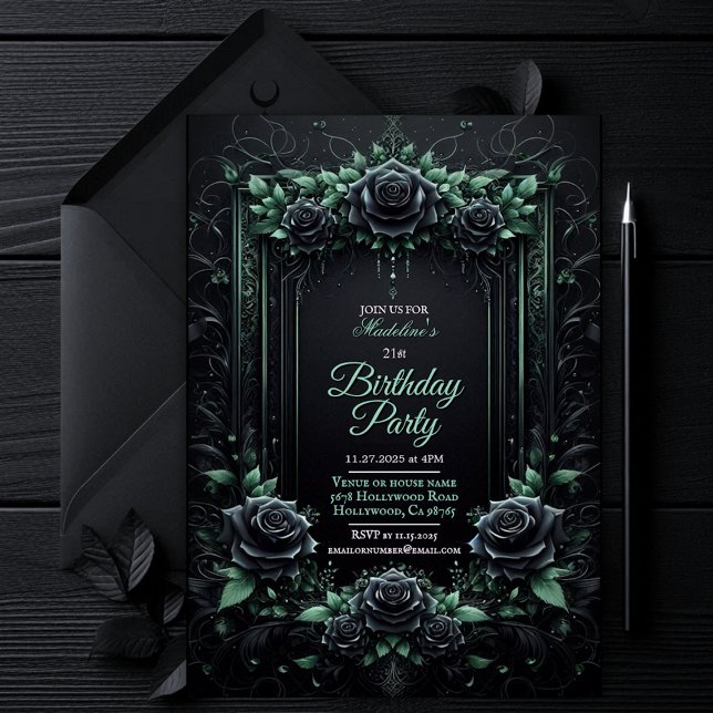 Elegant Floral Black and Green Party Invitation (gothic dark moody invitation, green and black floral roses invite, dark fantasy wedding bridal party)