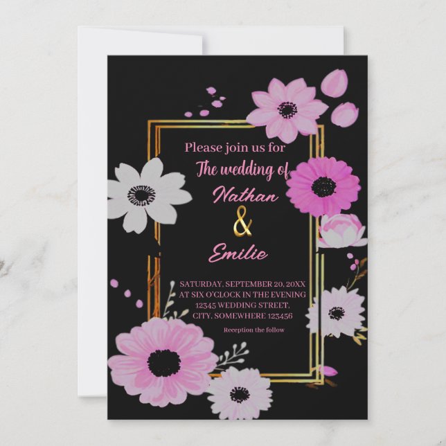 Elegant Floral Black and Pink wedding Invitation (Front)