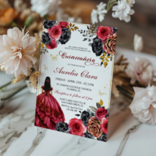 Elegant Floral Black and Red Quinceanera Invitation