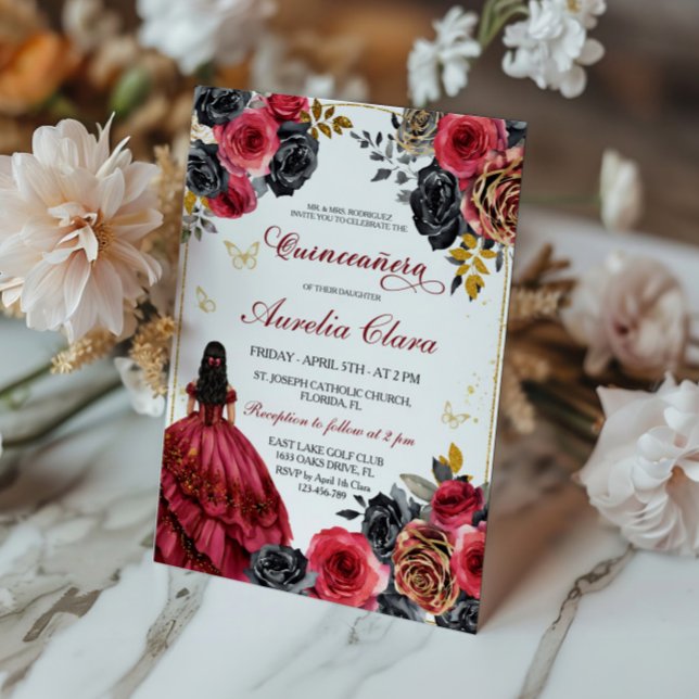 Elegant Floral Black and Red Quinceanera Invitation (Creator Uploaded)