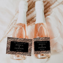 Elegant Floral Black and Rose Gold Sparkling Wine