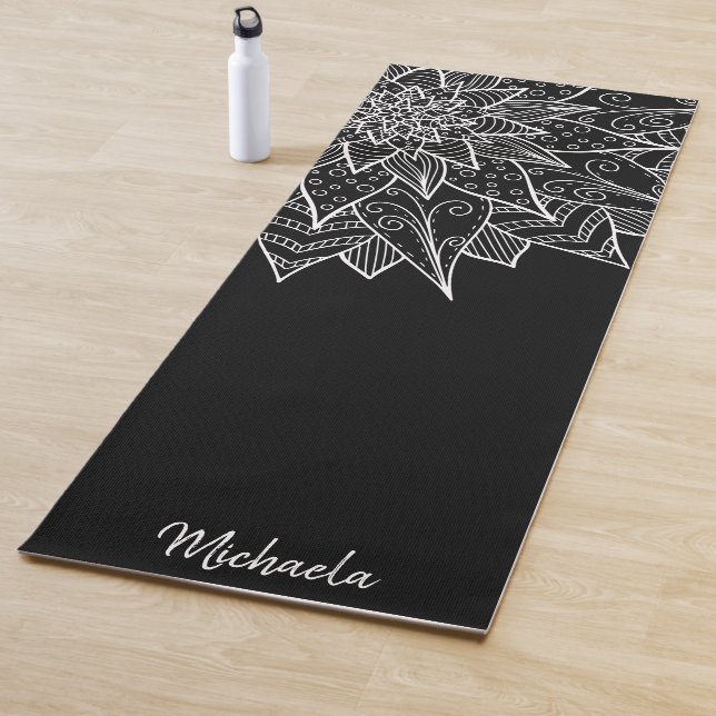 Elegant Floral Black and White Mandala Yoga Mat (In Situ)