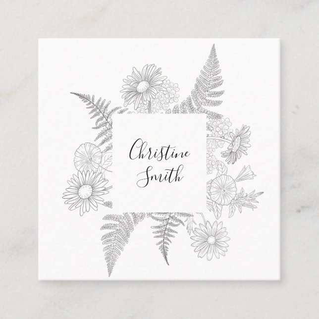 Elegant Floral Black And White Minimalist Square Business Card (Front)