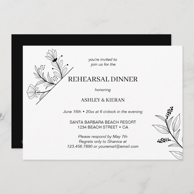 Elegant Floral Black and White Rehearsal Dinner Invitation (Front/Back)