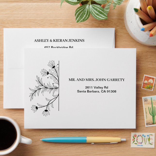 Elegant Floral Black and White  Wedding Envelope (Desk)