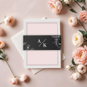 Elegant Floral Black and White Wedding Invitation Belly Band