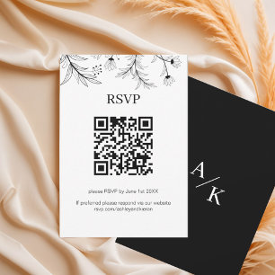 Elegant Floral Black and White Wedding QR code RSVP Card
