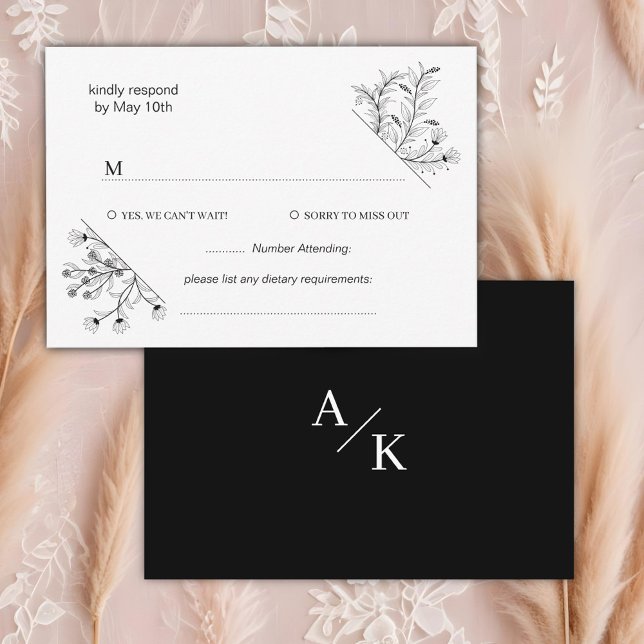 Elegant Floral Black and White Wedding  RSVP Card (Creator Uploaded)