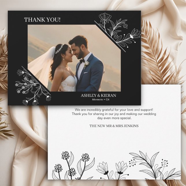 Elegant Floral Black and White Wedding  Thank You Card (Creator Uploaded)