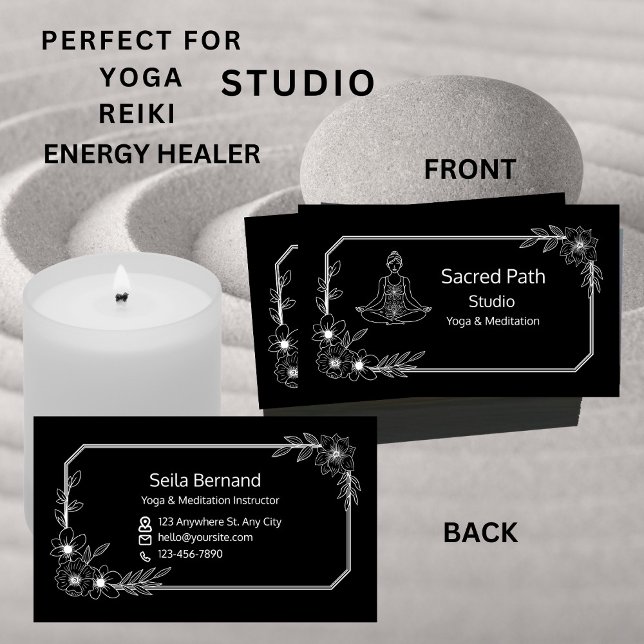 Elegant Floral Black And White Yoga Studio  Business Card (Creator Uploaded)